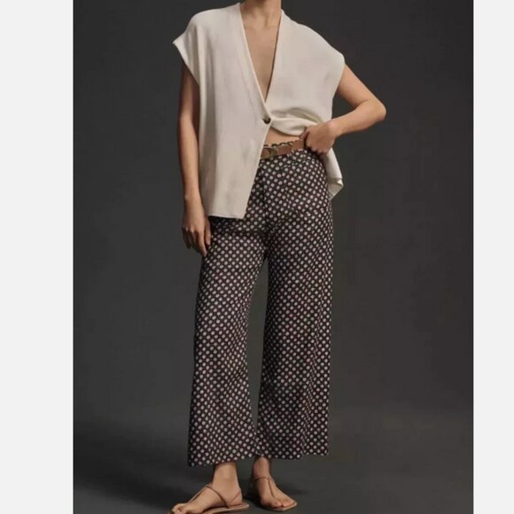 Anthropologie Maeve The Colette Cropped Linen Wide-Leg Pants Black Floral 24 NWT